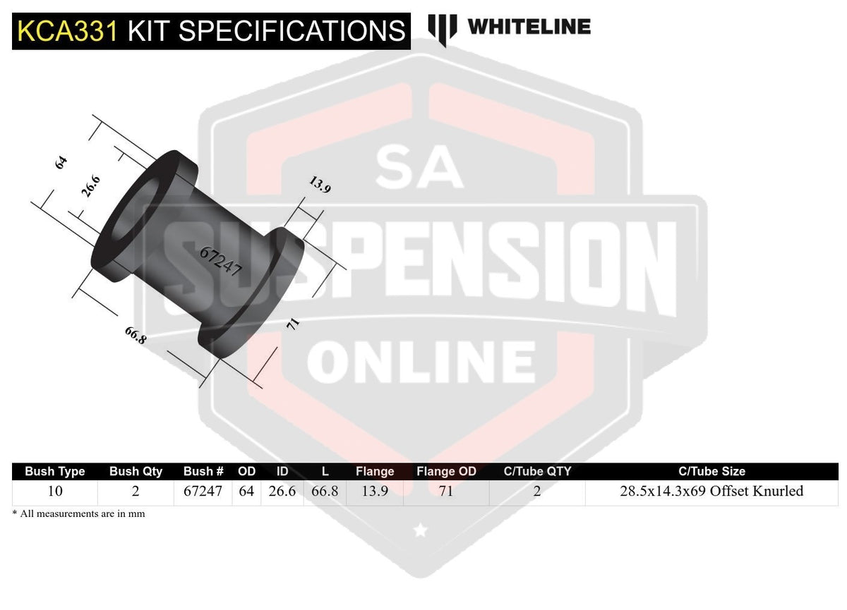 Whiteline KCA331 - Strut Rod - To Chassis Bushing Kit Double Offset (Rod/Strut-