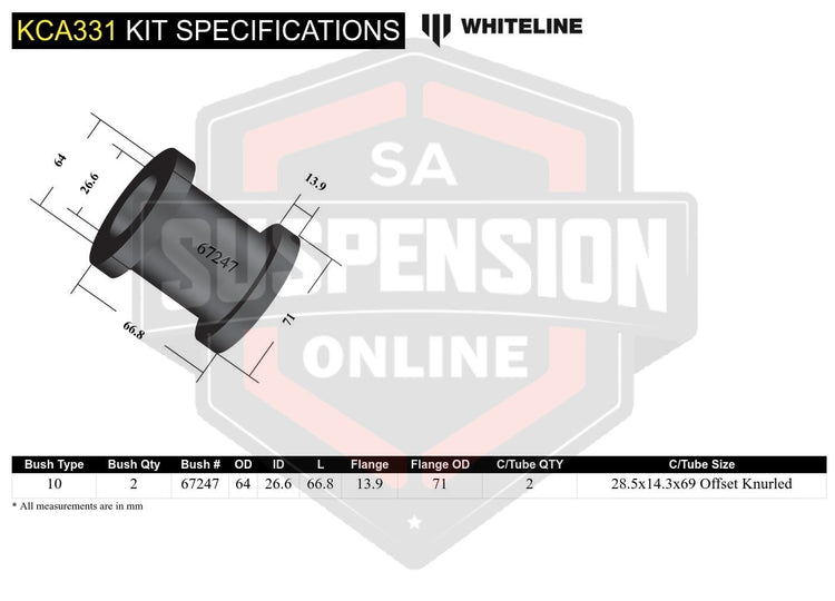 Whiteline KCA331 - Strut Rod - To Chassis Bushing Kit Double Offset (Rod/Strut-