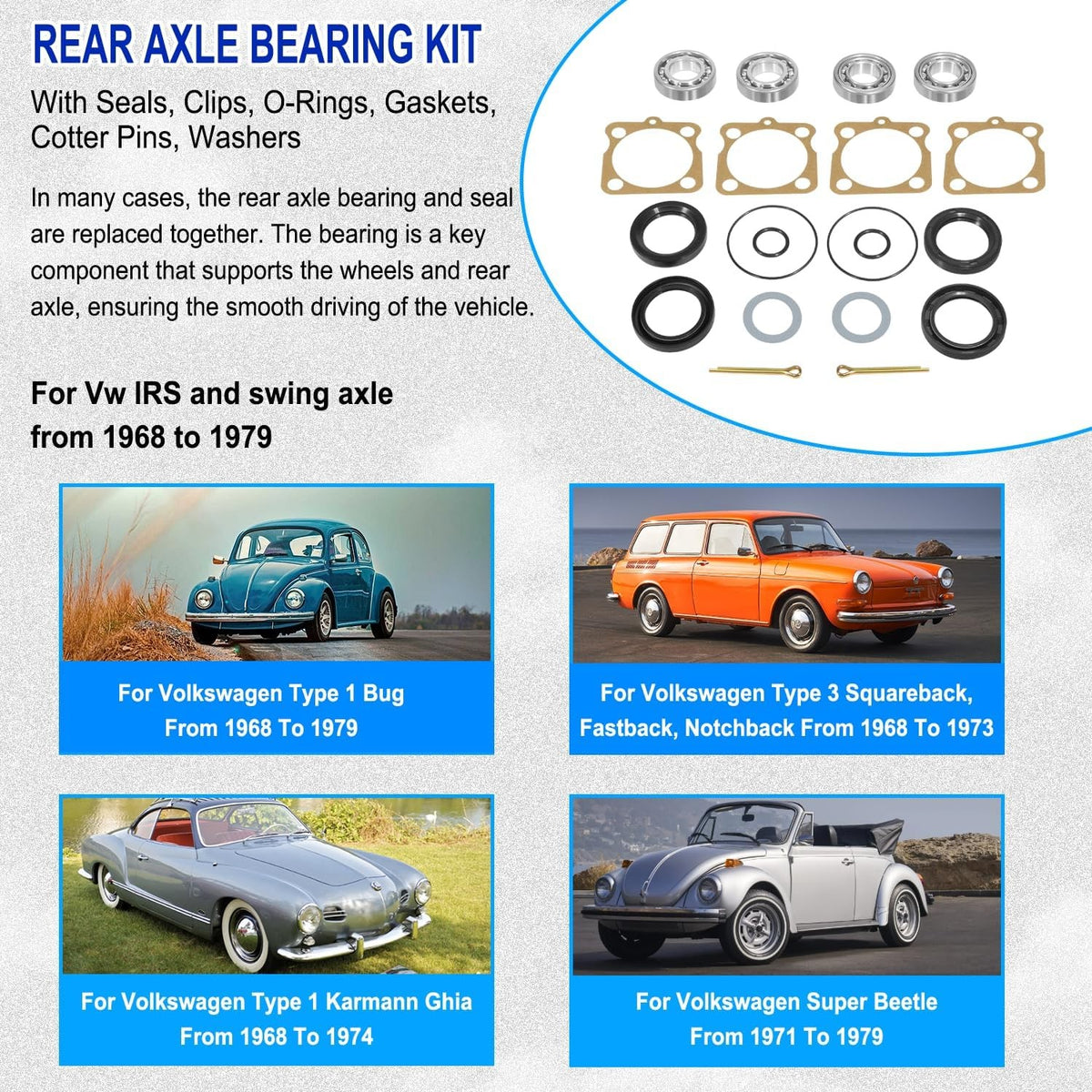Rear IRS Wheel Bearing Kit w/Seals for Volkswagen VW Type 1 Bug/GHIA 1968-1979