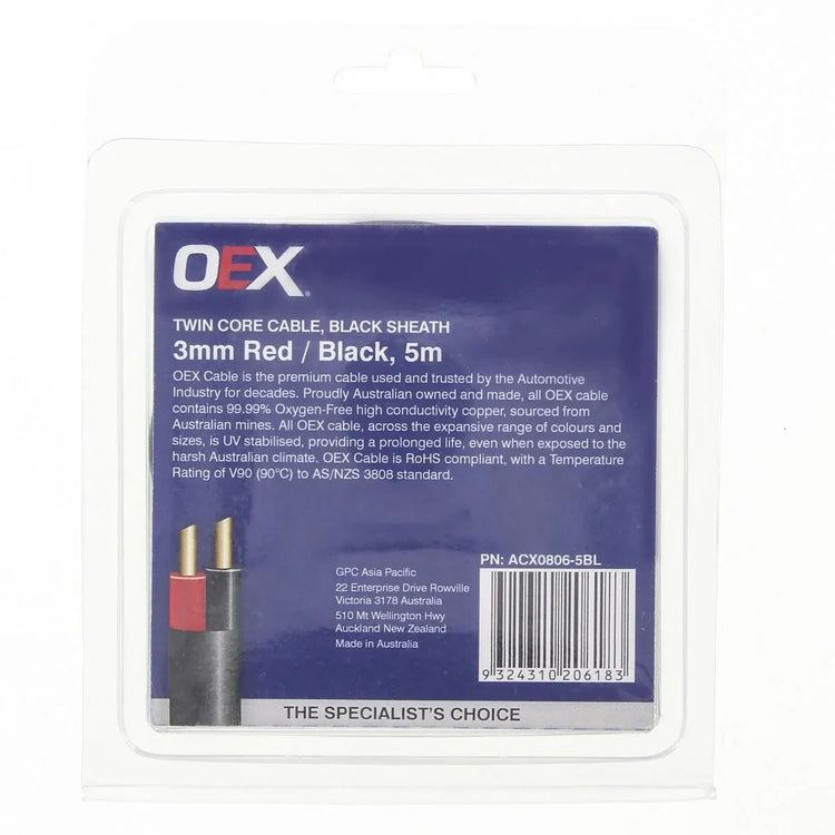 OEX ACX0806-5BL 3mm Twin Core Cable Double Insulate 10A Black Red 5m Roll