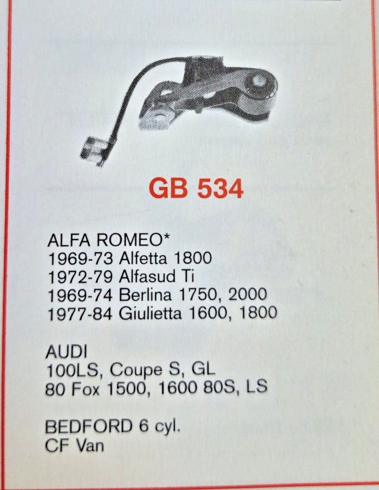GB 534 DISTRIBUTER POINTS BMW,CHRYSLER,FORD,HOLDEN,RENAULT,SAAB,TOYOTA,VOLVO,VW