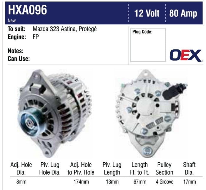Mazda 323 New Alternator BJ Astina Protege FP Engine 8/98 - 03/04