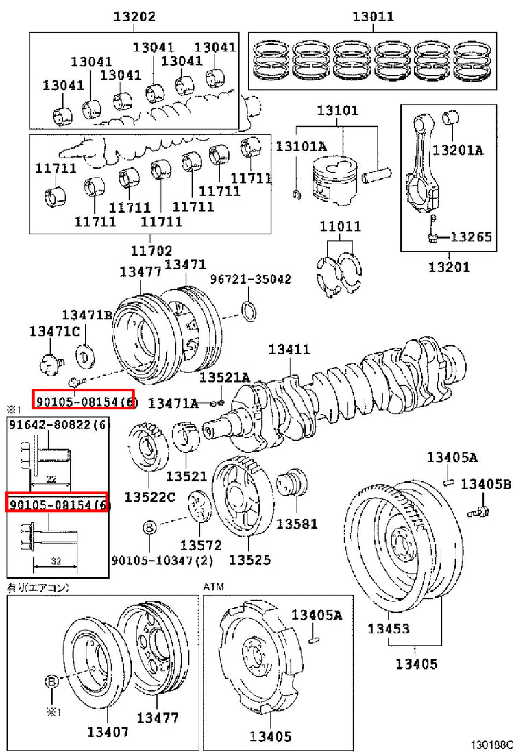 Genuine Coaster HDB50 HDB31 HDB30 HDB20 1HD 1HD FT Crank AC A/C Pulley Bolt x6
