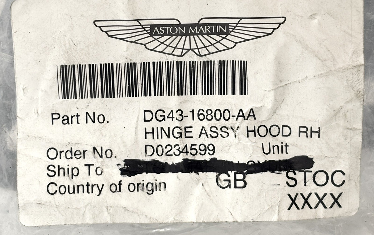 Genuine Aston Martin DB9 Rapide Front Right Bonnet Hinge Assembly DG43-16800-AA