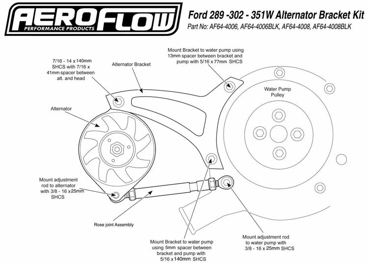 Aeroflow Standard Mount Billet Alternator Bracket Polished for Ford 289 302 Wind