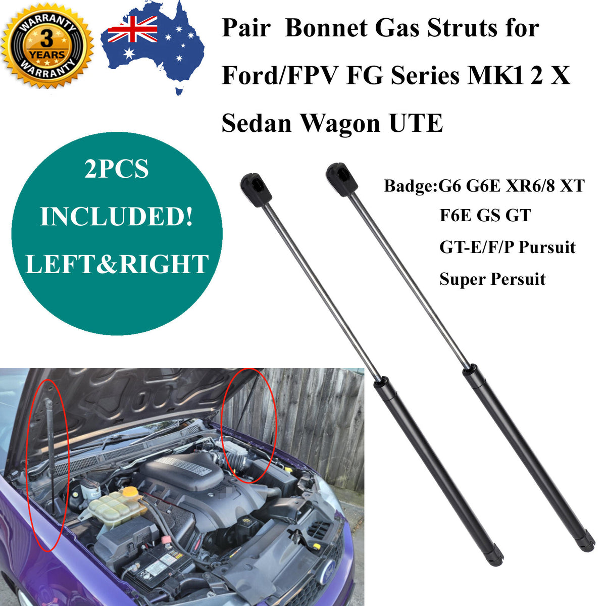 4 For Ford FPV NO SPOILER Falcon FG Sedan Front Hood+Rear Trunk Lift Gas Struts
