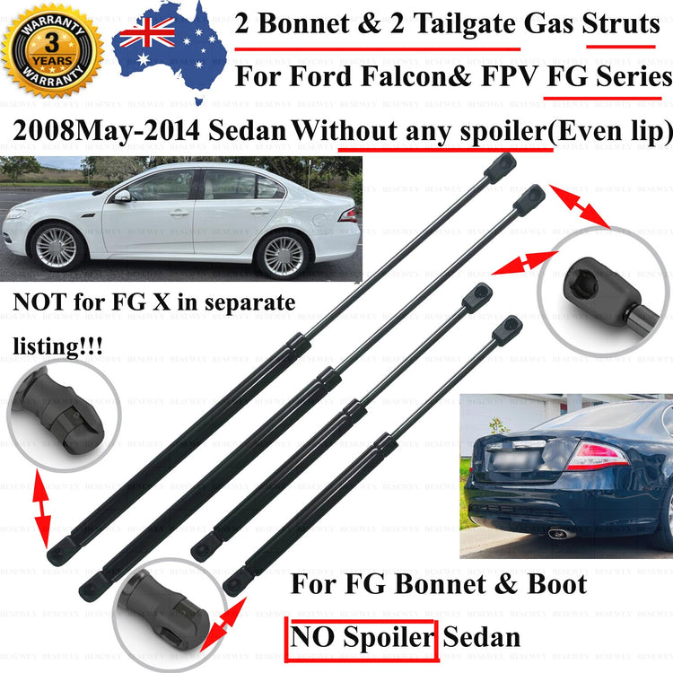 4PCS No Spoiler Tailgate & Bonnet Gas Struts for Ford Falcon FG Series 2008-2014