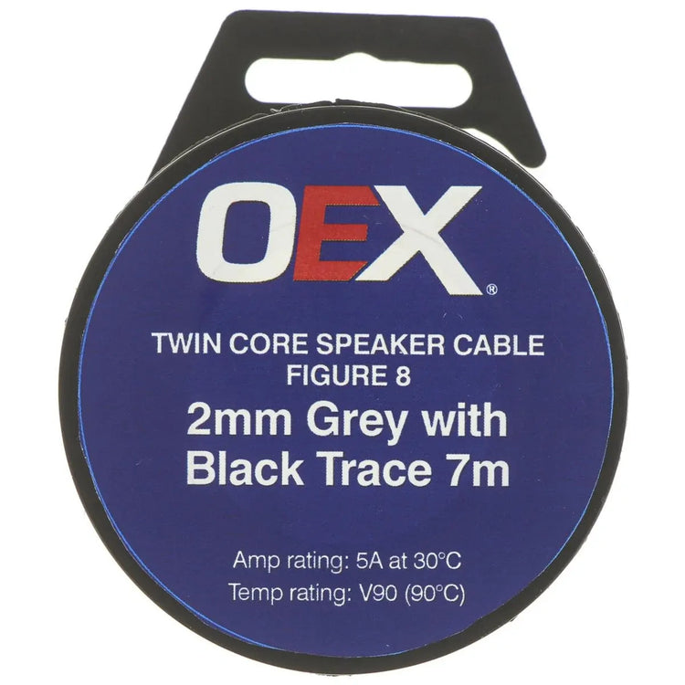 OEX ACX0800-7M 2mm Twin Core Speaker Cable Figure 8 Grey w/ Black Trace 7M Roll