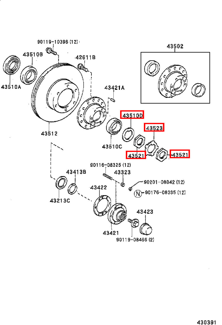 Genuine Hilux YN110 YN107 YN106 YN105 YN100 Front Axle Spindle Nut RH + LH Kit