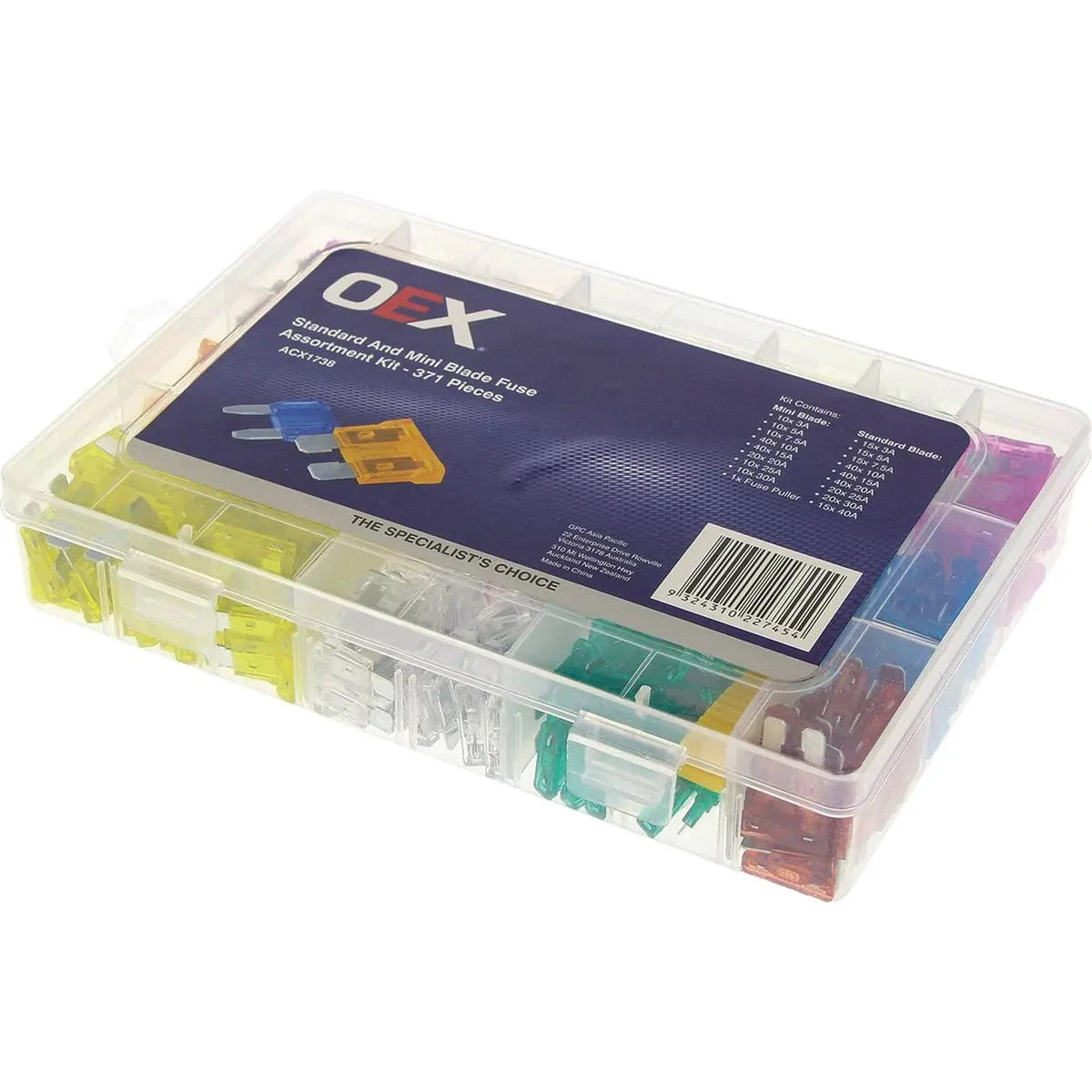 OEX ACX1738 Standard & Mini Blade Fuse Assortment Kit - 371 Pieces