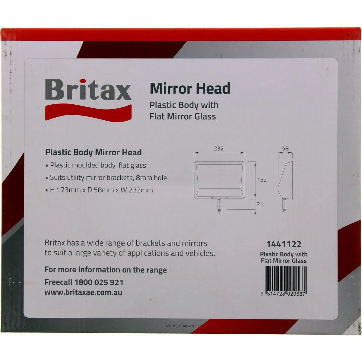 1441122 Britax Mirror Head Black Plastic Flat 232x152mm 8mm Mount Hole Utes 4WDs