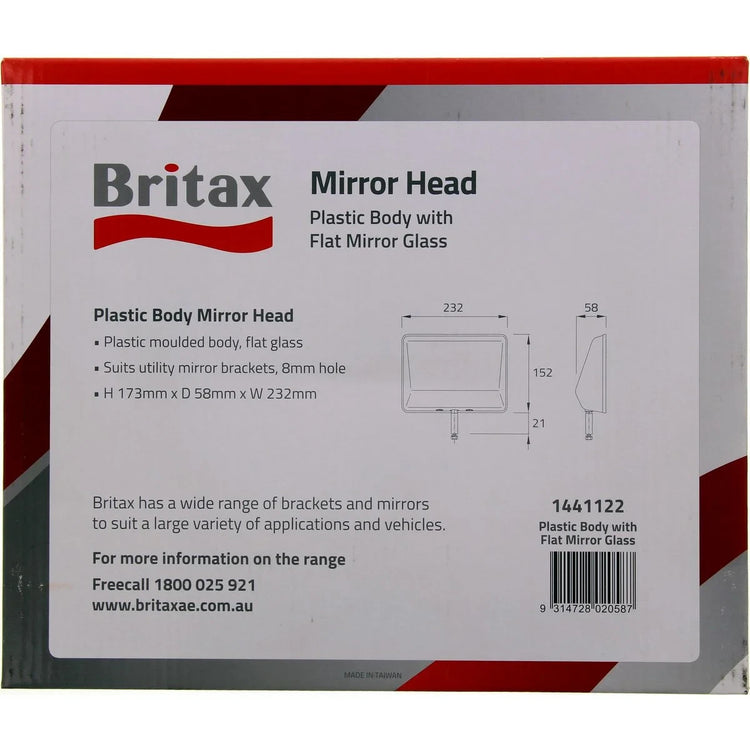 1441122 Britax Mirror Head Black Plastic Flat 232x152mm 8mm Mount Hole Utes 4WDs