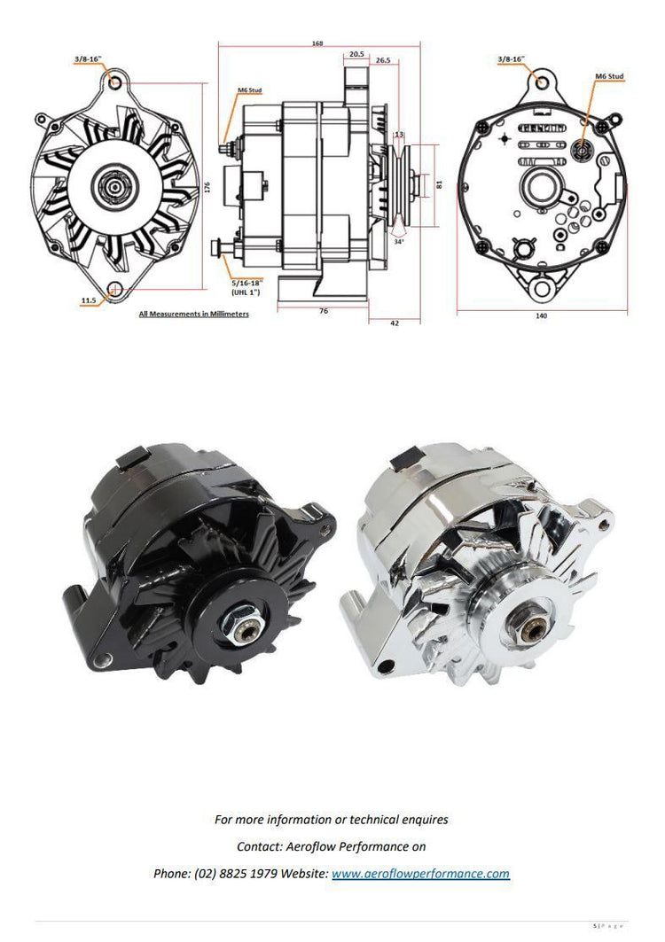 Aeroflow 140amp alternator black for Ford Falcon XC 351 Cleveland V8