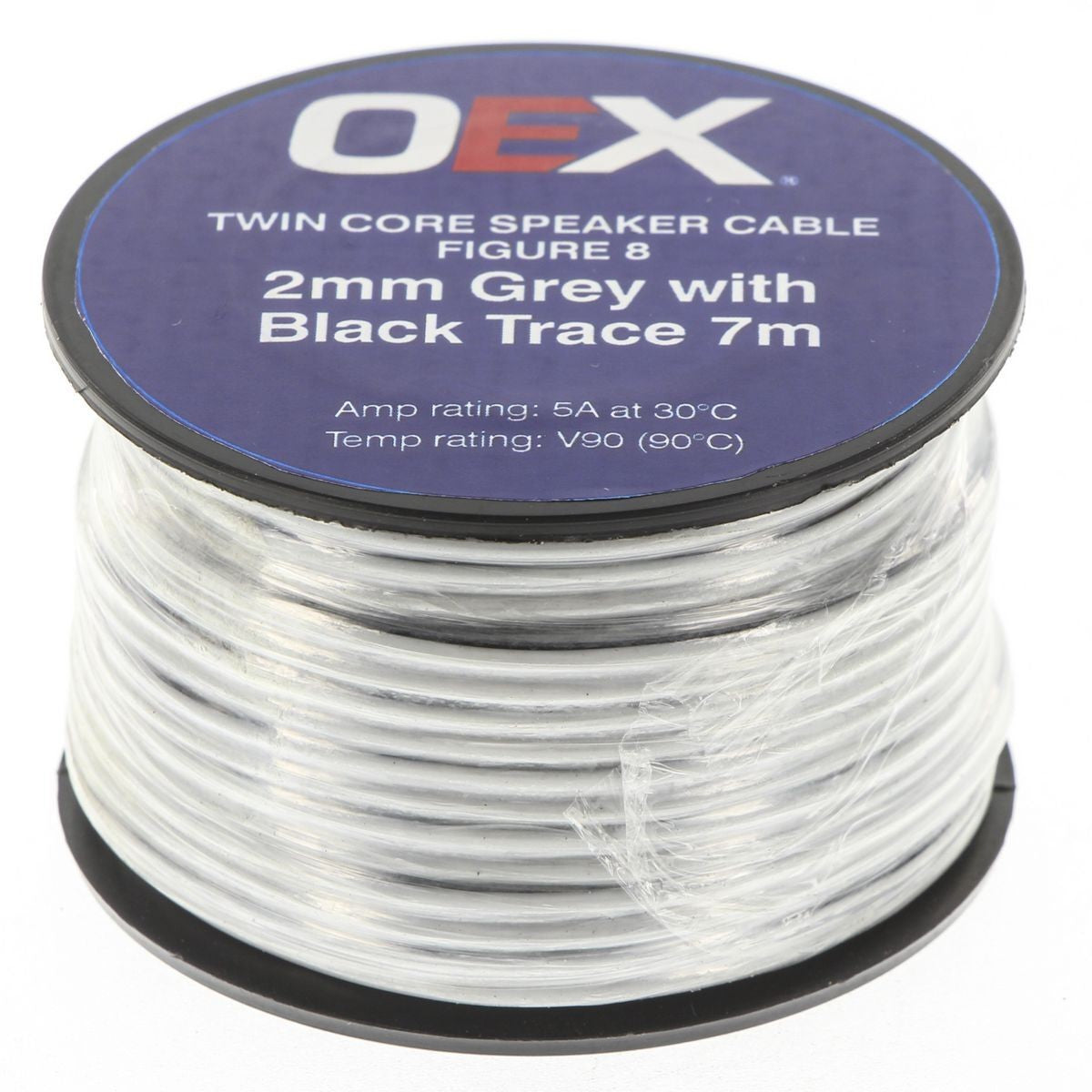 OEX ACX0800-7M 2mm Twin Core Speaker Cable Figure 8 Grey w/ Black Trace 7M Roll