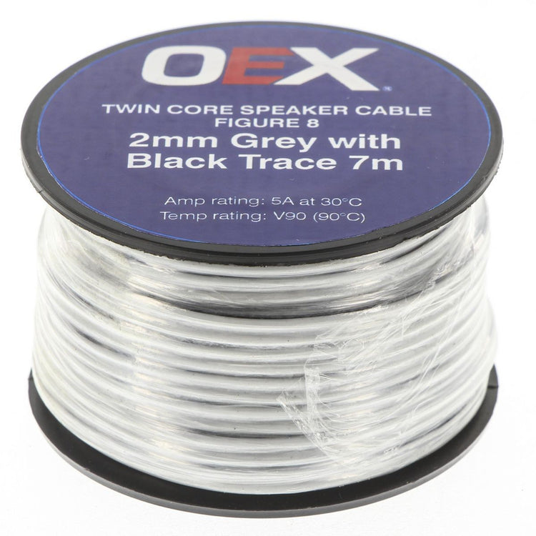 OEX ACX0800-7M 2mm Twin Core Speaker Cable Figure 8 Grey w/ Black Trace 7M Roll
