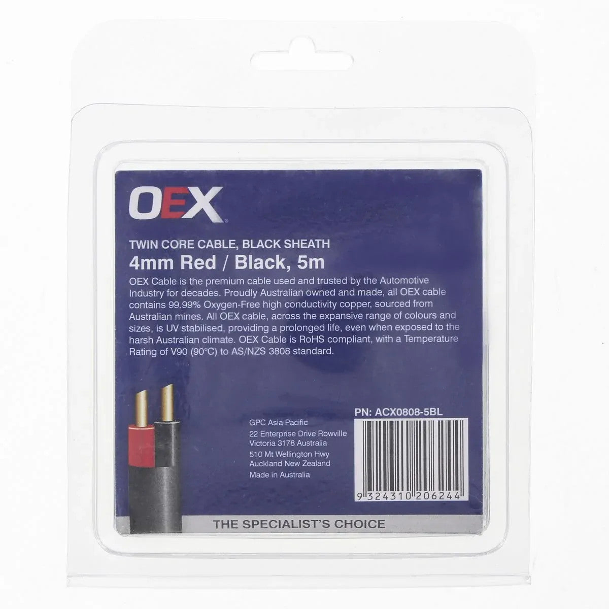 OEX ACX0808-5BL 4mm Twin Core Sheathed Cable 15 Amp Red Black 5m Roll