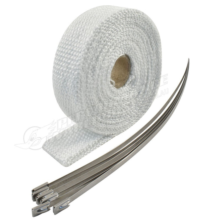 Exhaust Wrap 1" X 15', Fibreglass White W/Stainless Ties - CAL-H1000WH