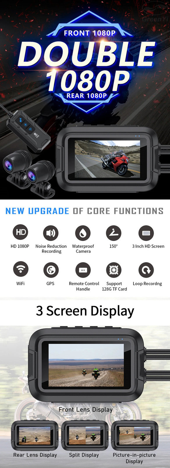 Dual 1080P Motorcycle DVR Dash Cam Front Rear Camera WiFi GPS Waterproof