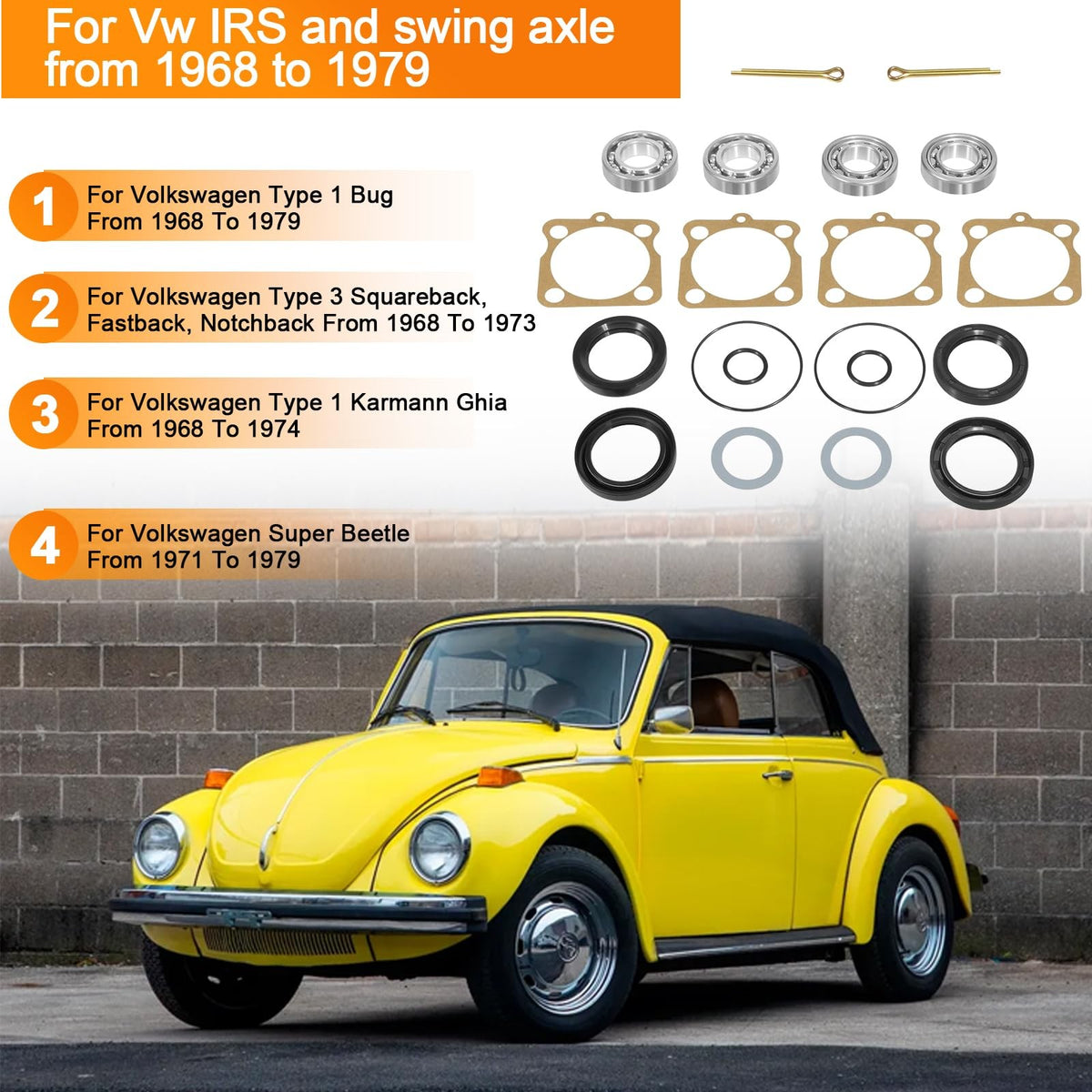 Rear IRS Wheel Bearing Kit w/Seals for Volkswagen VW Type 1 Bug/GHIA 1968-1979