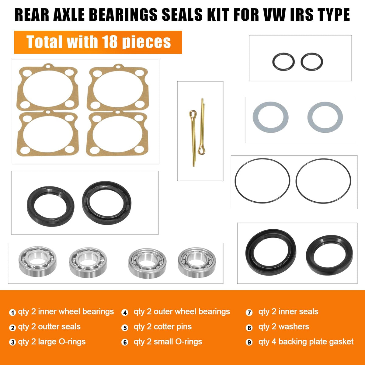 Rear IRS Wheel Bearing Kit w/Seals for Volkswagen VW Type 1 Bug/GHIA 1968-1979