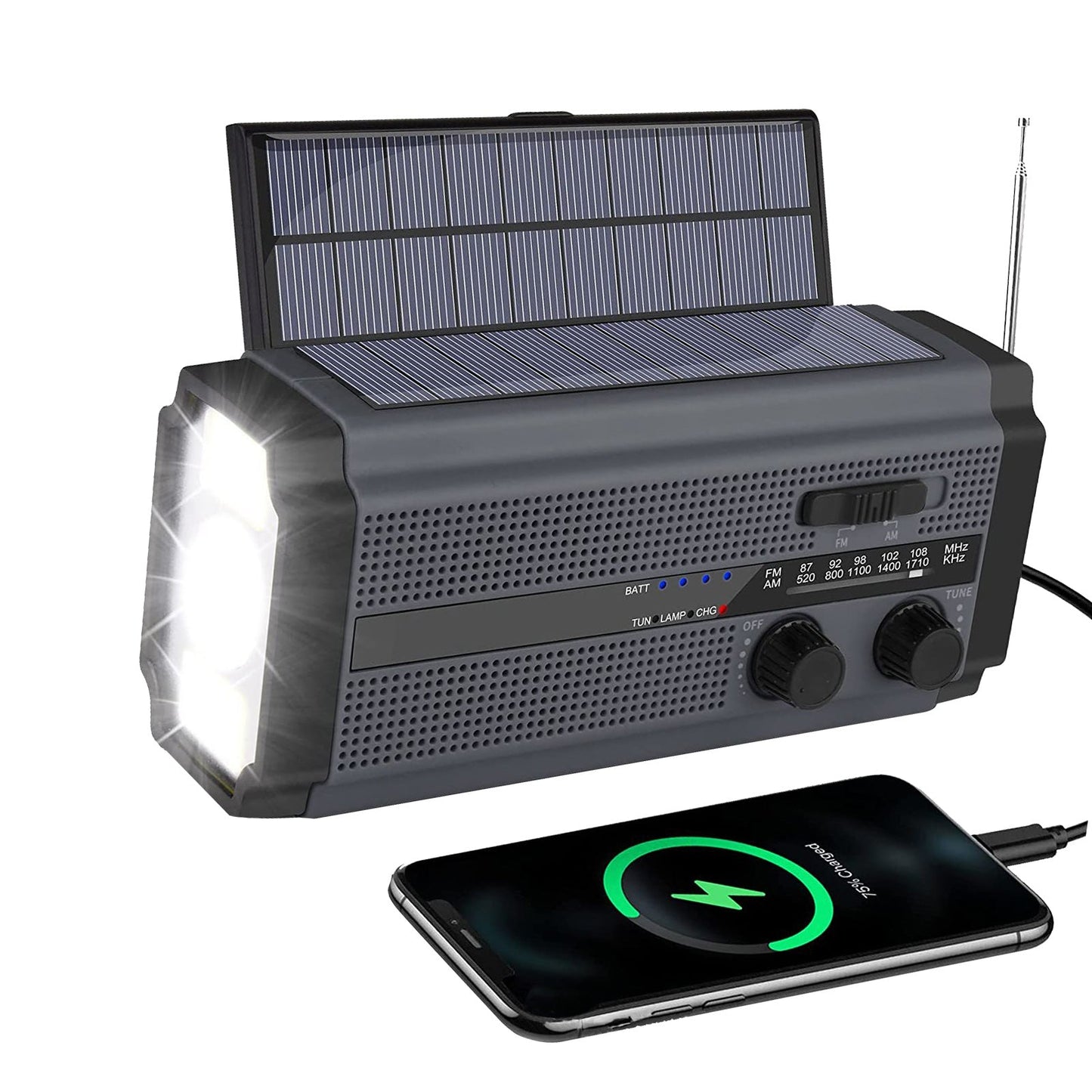 Solar Hand Crank Radio Emergency Weather 5000mAh Power Bank Flash Light Black - Frazy's Auto Parts