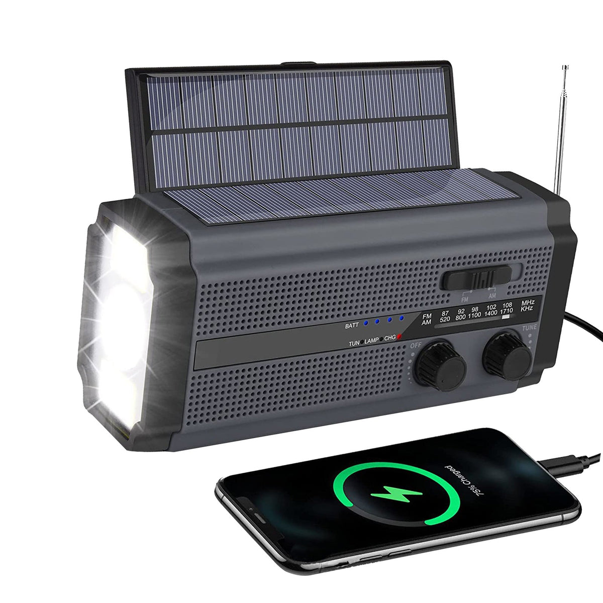 Solar Hand Crank Radio Emergency Weather 5000mAh Power Bank Flash Light Black - Frazy's Auto Parts