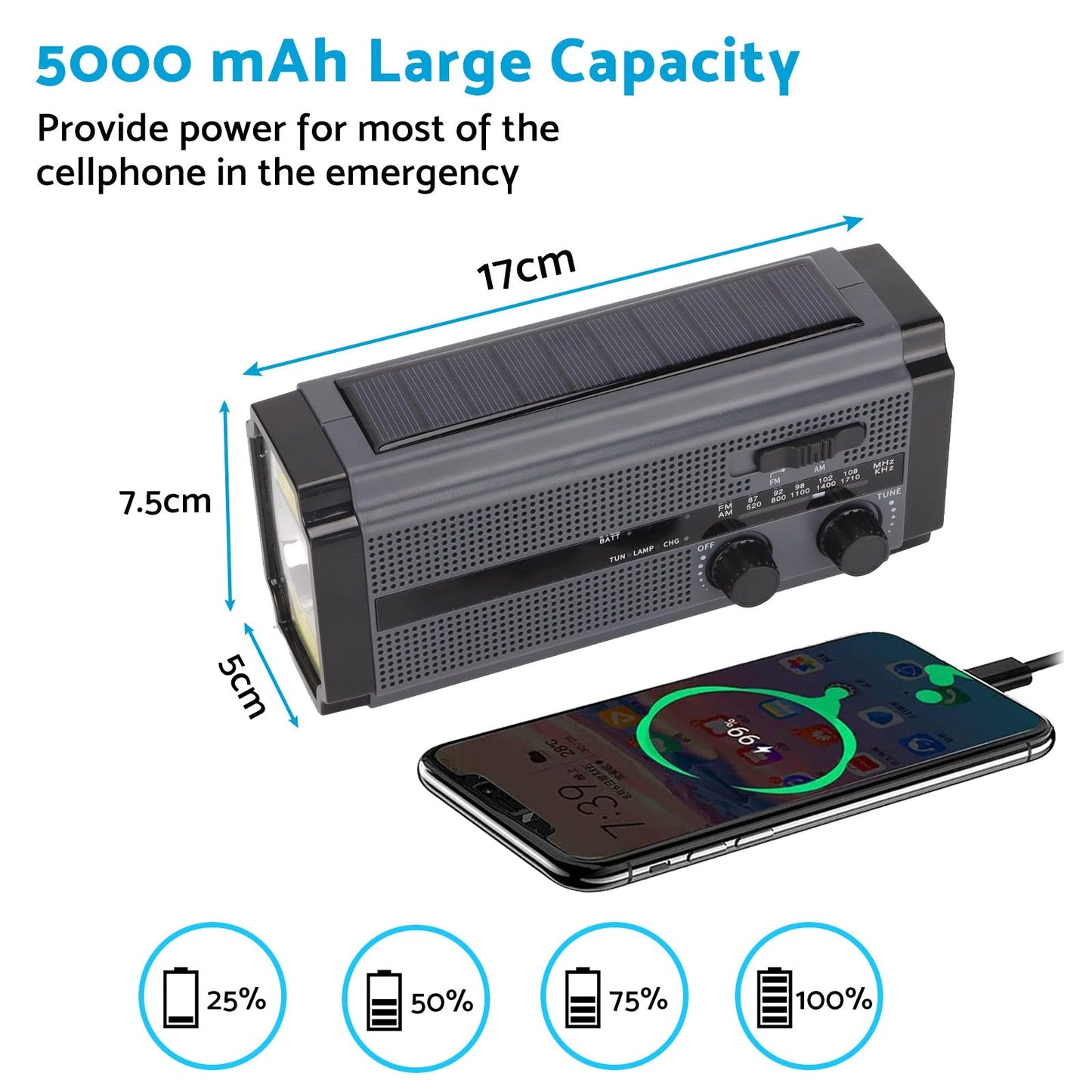 Solar Hand Crank Radio Emergency Weather 5000mAh Power Bank Flash Light Black - Frazy's Auto Parts