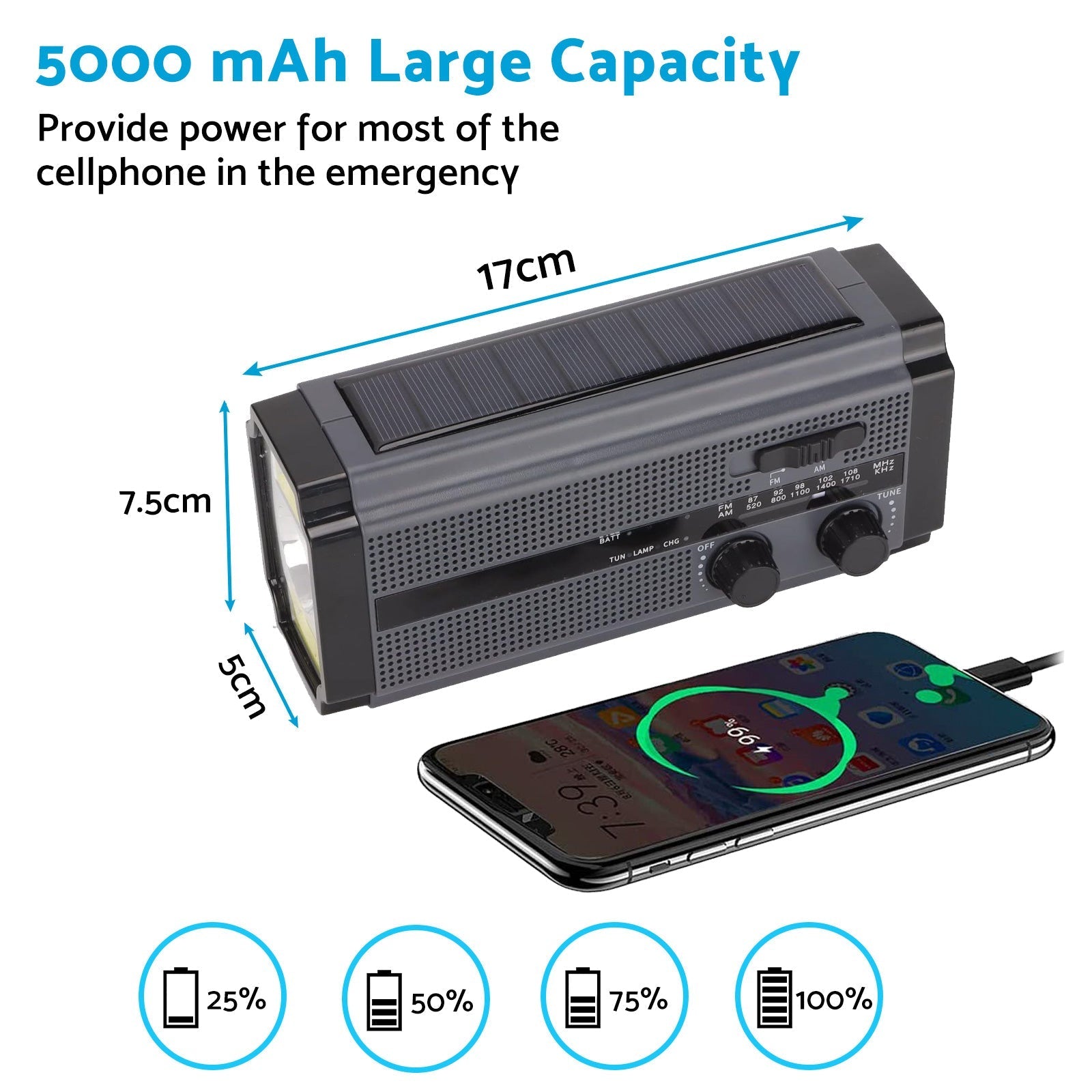 Solar Hand Crank Radio Emergency Weather 5000mAh Power Bank Flash Light Black - Frazy's Auto Parts