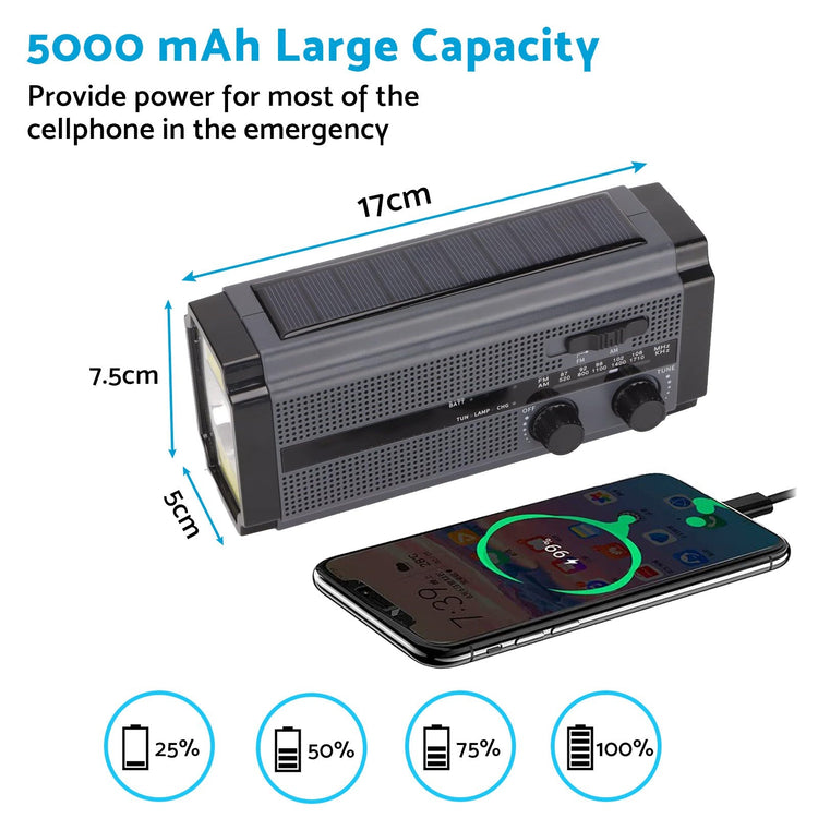 Solar Hand Crank Radio Emergency Weather 5000mAh Power Bank Flash Light Black - Frazy's Auto Parts