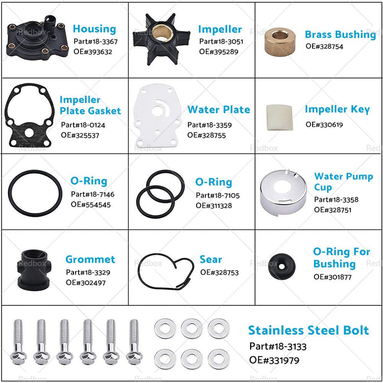 Water Pump Impeller Kit For 20hp 25hp 30hp 35hp Johnson Evinrude outboard 393630 - Frazy's Auto Parts